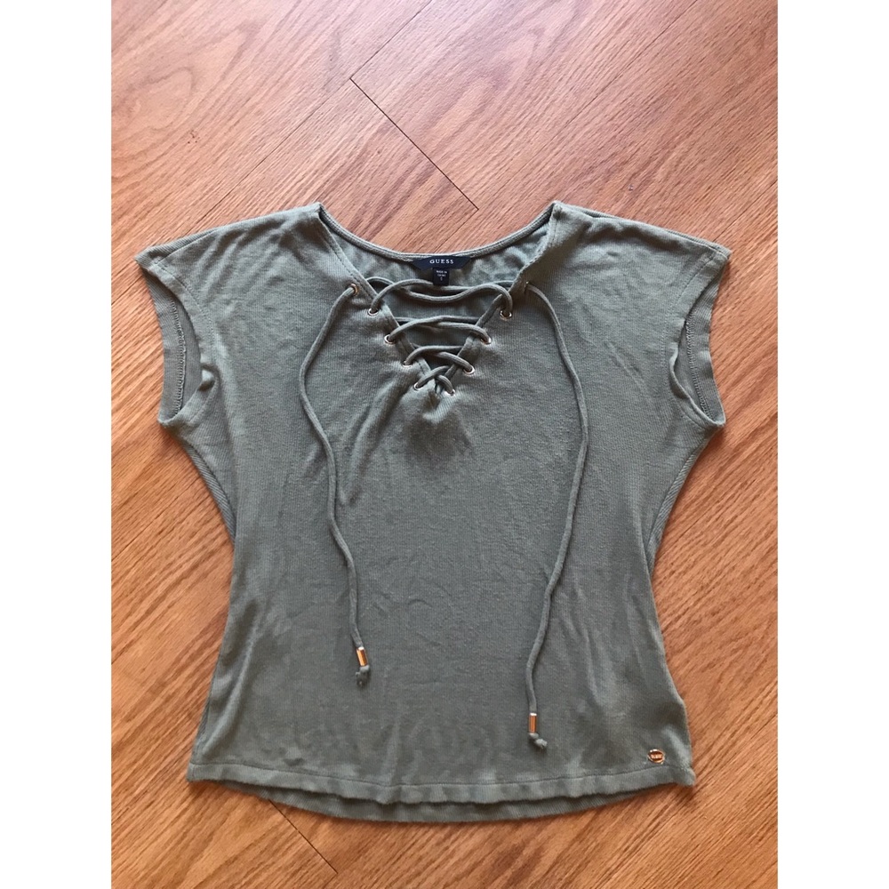 👚GUESS Lace Up Olive Green Soft Short Sleeve👚